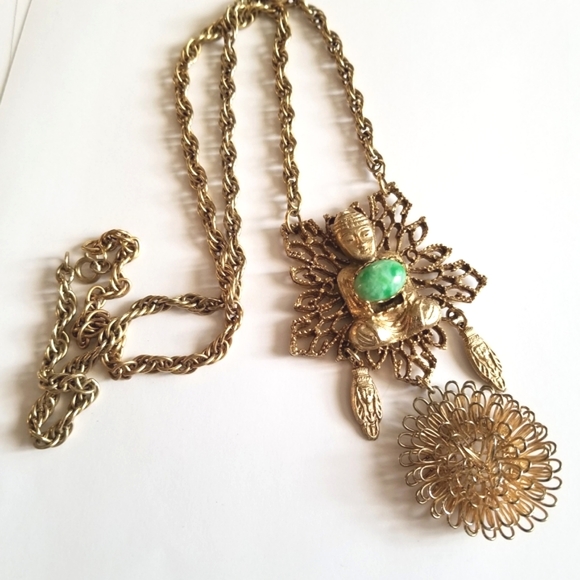 Vintage Jewelry - Relisted -Vintage buddha necklace green gold tone flower boho filigree bohemian
